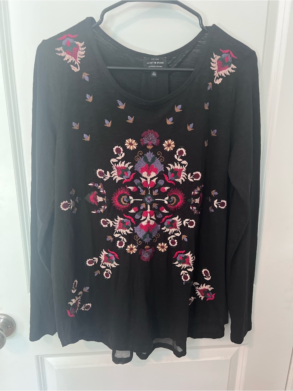 Lucky Brand Black Embroidered Long-Sleeve Top with Sheer Back Size Medium